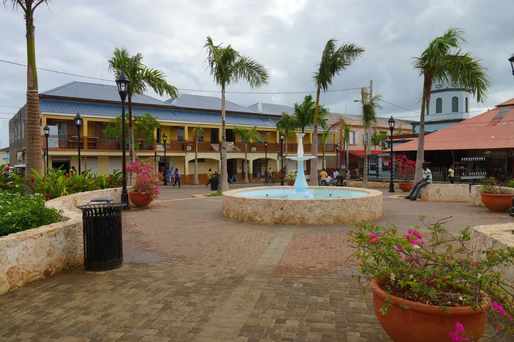 Palm-lined square and historic buildings in Falmouth