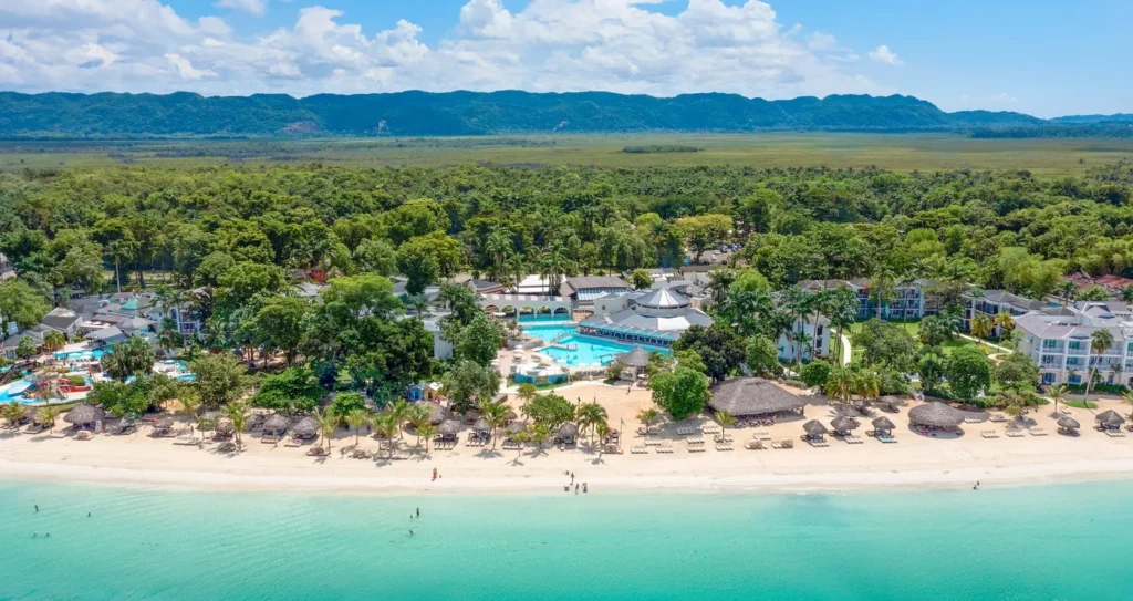 Aerial view of Beaches Negril along the sandy coastline