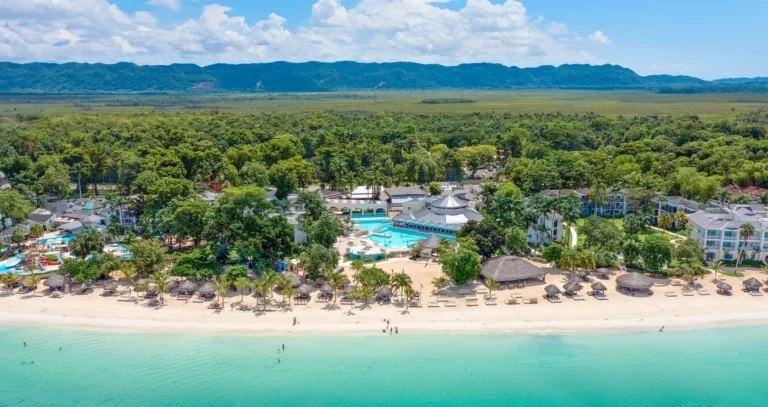 Aerial view of Beaches Negril along the sandy coastline