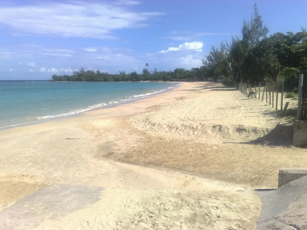 Sandy beach and Caribbean shoreline in Runaway Bay, Jamaica